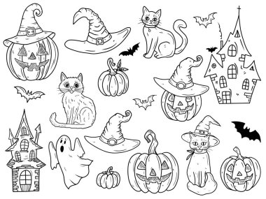 Cadılar Bayramı hayaletleri, cadı şapkasına oyulmuş balkabağı perili kaleler, kedi ve uçan yarasalar. El çizimi vektör çizimi çizimi, karalama çizimi, sanat eseri tarzında. Ekim Festivali
