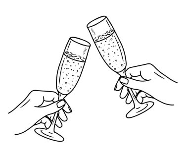 İki el bardağı tutuyor ve köpüklü şampanyayla şıngırdıyor. Beyazın üzerine izole edilmiş siyah şampanya. El çizimi vektör çizimi çizimi, karalama, klasik çizim tarzı. Tatil, tost.