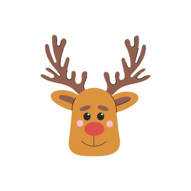 Büyük boynuzları ve beyaz arka planda izole edilmiş kırmızı burunlu mutlu geyik kafası. El çizimi düz vektör çizimi. Noel geyiği ayakta, tek etiket tasarımı, tişört baskısı, doğum günü.