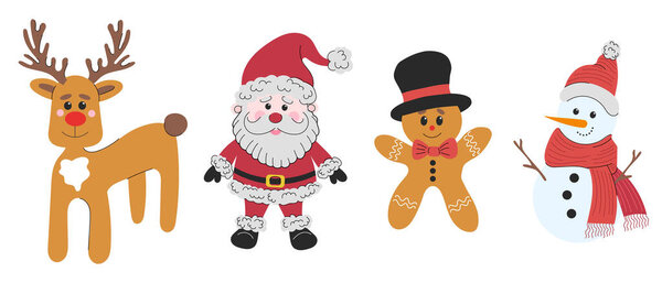 Vector flat winter holidays characters. Santa claus, rein deer, gingerbread man cookie in hat and snowman with knitted scarf and hat. Hand drawn vector flat illustrations. Greeting card design