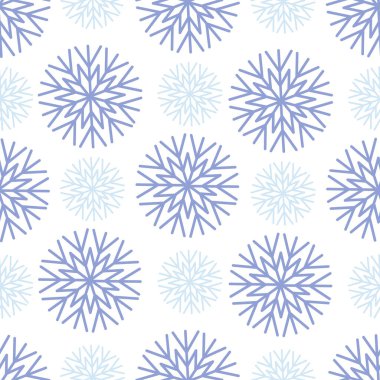 Beyaz zemin üzerinde mavi kar taneleri olan pürüzsüz desen düz çizilmiş el çizimi vektör çizimleri. Paket kağıdı, bez ve mendil için tasarlanmış. Noel, kış, yeni yıl tasarımı