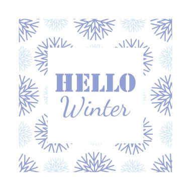 Merhaba kış. Kış başlangıcının sembolü olarak 1 Aralık. Düz bir şekilde elle çizilmiş vektör çizimi. Mavi kar taneleri arka planda. Vektör web pankartı, tebrik kartı, kar yağışı tasarımı, kare çerçeve
