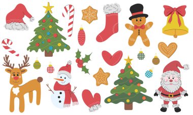 Beyaz arka planda çok güzel Noel çizimleri var. El çizimi düz renkli ikon. Ren geyiği, Noel Baba, zencefilli kurabiye, Noel ağacı, çorap, eldiven, şeker kamışı, Noel çanı.