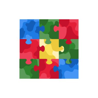 Beyaz arka planda mavi, sarı, yeşil ve kırmızı renkte sevimli yapboz. Düz bir şekilde elle çizilmiş vektör çizimi. Otizm spektrum bozukluğu konsepti, çocuk oyunu