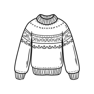 Kış sıcacık örülmüş süveter ve beyaz arka planda izole edilmiş süs. El çizimi vektör çizimi çizimi, karalama, klasik çizim tarzı. Kış giysileri tasarımı