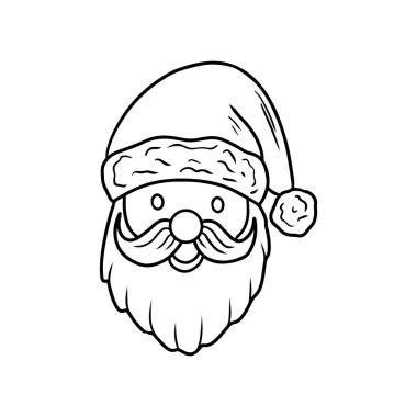 Beyaz arka planda sakallı, şapkalı, gülümseyen bıyıklı Noel Baba. El çizimi vektör çizimi çizimi, karalama, klasik çizim tarzı. Mutlu Noel sembolü