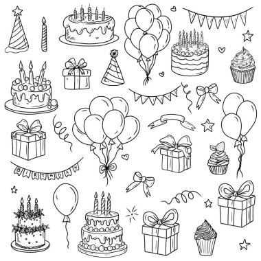 Doğum günü partisini siyahlar içinde beyaz arka planda yapmak için mutlu yıllar. El çizimi vektör çizimi çizimi, karalama, klasik çizim tarzı. Balonlar, hediye kutusu, pasta