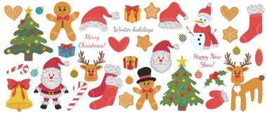 Beyaz arka planda çok güzel Noel çizimleri var. El çizimi düz renkli ikon. Ren geyiği, Noel Baba, zencefilli kurabiye, Noel ağacı, çorap, eldiven, şeker kamışı, Noel çanı.