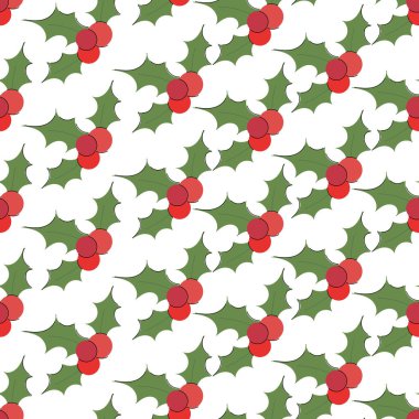 Böğürtlenli ve beyaz arka planda izole edilmiş yapraklı çoban üzümü bitkisi ile kusursuz desen. El çizimi düz vektör çizimi. Mutlu Noeller ve mutlu yeni yıl kutlamaları.