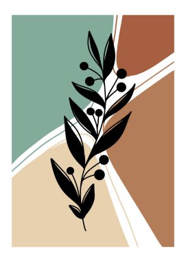 Pastel renkler, çizgiler ve yapraklar ve böğürtlenlerle siyah siluet dalları olan modaya uygun duvar posteri. Yeşil, terracotta, bej, nane rengi. Modern sanat çiçekli tasarım, iç mekan, yatak odası.