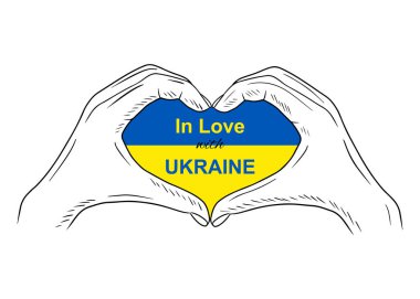 Ukrayna 'ya aşık. Kalbinde Ukrayna mavisi sarı bayrağı olan iki el. El çizimi vektör çizimi çizimi, kabartma çizimi, klasik çizgi çizimi tarzında. Destek, arz, yardım