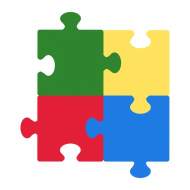 Mavi, sarı, yeşil ve kırmızı renkte dört yapboz beyaz arkaplanda izole edilmiş. Düz bir şekilde elle çizilmiş vektör çizimi. Otizm spektrum bozukluğu konsepti, çocukların dahil edilmesi