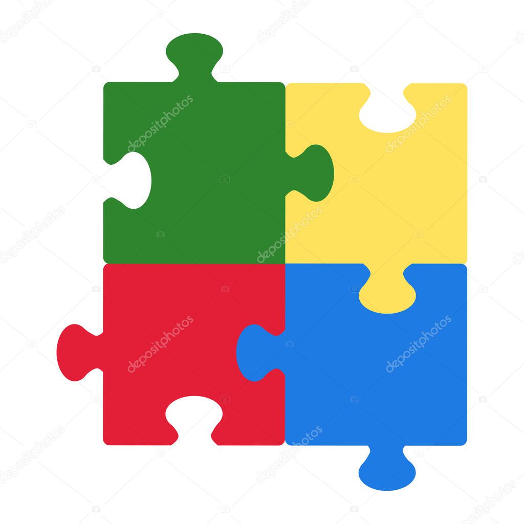 Four jigsaw puzzles in blue, yellow, green and red colors square isolated on white background. Hand drawn vector illustration in flat style. Autism spectrum disorder concept, children inclusivity
