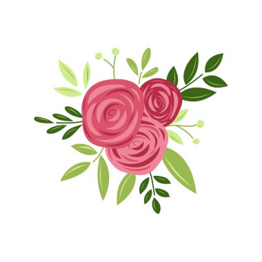 Beyaz arka planda izole edilmiş üç kırmızı gül çiçeği buketi. Düz bir şekilde elle çizilmiş vektör çizimi. Düğün buketi, aşk hediyesi, Sevgililer Günü tasarımı, tebrik kartı.