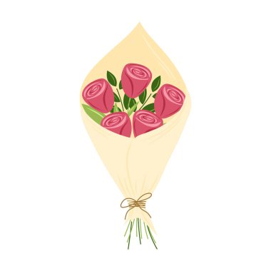 Beyaz arka planda izole edilmiş kraft kağıdındaki güzel kırmızı gül buketi. Elle çizilmiş düz çizilmiş vektör çizimi. Sevgililer günün kutlu olsun, hediye, aşk konsepti, doğum günü partisi