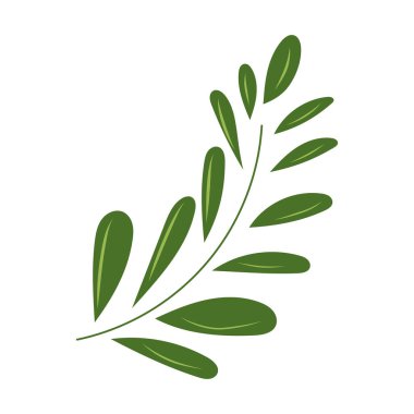 Beyaz arkaplanda yaprakları olan soyut yeşil dal. Düz bir şekilde elle çizilmiş vektör çizimi. Sevgililer Günü tebrik kartı dekorasyonu için doğal botanik öğesi