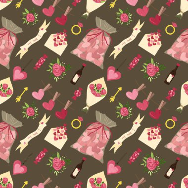 Sevgililer Günü için kusursuz bir örnek. İçinde pembe jöleli kurabiye, çikolata şekeri, gül çiçeği buketi, düğme deliği gülü. Düz biçimli elle çizilmiş vektör illüstrasyonu