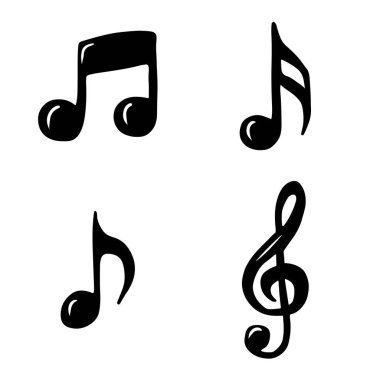 Beyaz arka planda izole edilmiş siyah notalar ve üç tuşlu notalar. El çizimi vektör çizimi çizimi karalama klasik sanat tarzı. Müzik oluşturma, ikon, siluet çizim, şarkı