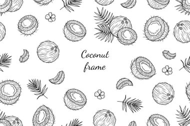 Tropical collection of coconut whole, cut with palm leaves and gardenia taitensis flowers in black on white background. Hand drawn vector sketch illustration in doodle engraved vintage line art style clipart