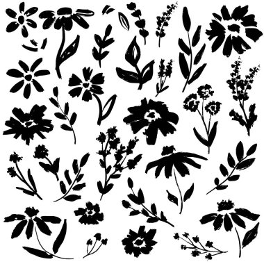 Soyut çiçekler ve yapraklı dallar mürekkep fırçası darbeleri. El çizimi vektör çizimi karakalem çizimi, siluet çiçek deseni, karalama grunge fırça dokusu. Vektör çiçekleri, kumaş tasarımı