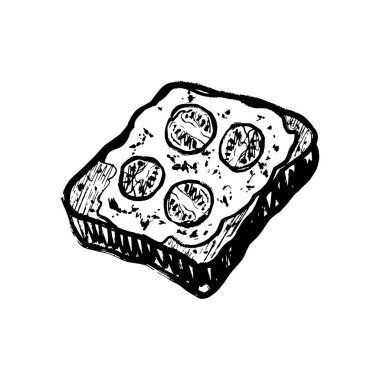 Yarım doğranmış kirazlı domates ve avokado ezmeli avokado tostu. Çizim grunge vintage tarzında elle çizilmiş vektör çizimi. Siyah fırça darbesi yemek sanatı. Öğle yemeği, kahvaltı yemek tasarımı, baskı.