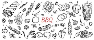 Beyaz arka planda izole edilmiş fırça darbesi desenli barbekü sokak yiyecekleri koleksiyonu. Klasik kömür mürekkebi tarzında elle çizilmiş vektör çizimi. Shawarma, donör kebap, pide, şişte et