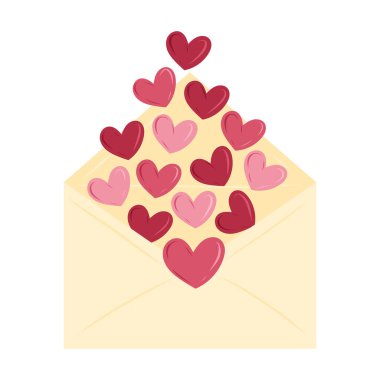 İçinde kırmızı kalpler olan beyaz arka planda izole edilmiş el işi kağıt bir zarf. Düz bir şekilde elle çizilmiş vektör çizimi. Aşk mektubu ikonu, mesaj, Sevgililer Günü tebrik kartı.