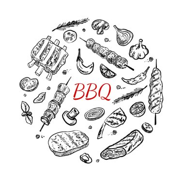 Barbekü yuvarlak logo tasarımı. Çalı çırpı desenli sokak yemekleri beyazda izole edilmiş. Klasik kömür mürekkebi tarzında elle çizilmiş vektör çizimi. Shawarma, donör kebap, pide, et şişi