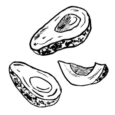 Siyah fırça desenli çekirdeği olmayan yarım kesilmiş avokado beyaz arka planda izole edilmiş. Klasik kömürde elle çizilmiş vektör çizimi. Sağlıklı beslenme, sebze, gıda sanatı