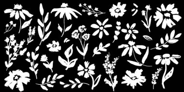 Soyut çiçekler ve yapraklı dallar mürekkep fırçası darbeleri. El çizimi vektör çizimi karakalem çizimi, siluet çiçek deseni, karalama grunge fırça dokusu. Vektör çiçekleri, kumaş tasarımı