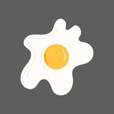 Lezzetli kahvaltı tasarımı. Bir sarı yumurtalı sahanda yumurta. Gri arka planda izole edilmiş omlet yemeği. Düz bir şekilde elle çizilmiş vektör çizimi. Gıda menüsü tasarımı, simge, etiket, doğal ürün