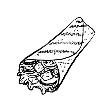 Tavuk ve sebzeli pide. Sokak yemekleri tasarımı. Salata, domuz eti ve salatalıklı Shawarma kömürü çizimi. Klasik kömür mürekkebi tarzında el çizimi vektör çizimi çizimi