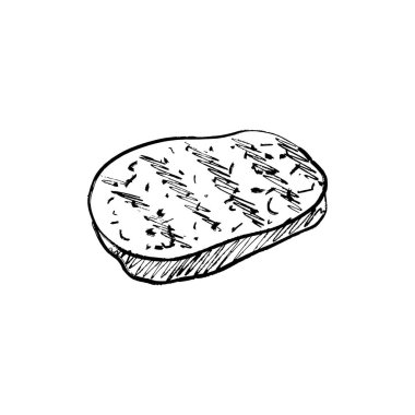 Beyaz arka planda siyah renkte ızgara domuz bifteği. Klasik kömür mürekkebi tarzında elle çizilmiş vektör çizimi. Menü tasarımı, kasap dükkanı logosu, restoran.