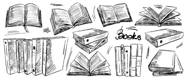 Kitap yığınları, okuma süreci, sayfalarla açılan kitaplar. Okula geri dön, kütüphane atmosferinde fırça darbesi dokusu. Klasik kömür mürekkebi tarzında el çizimi vektör çizimi çizimi