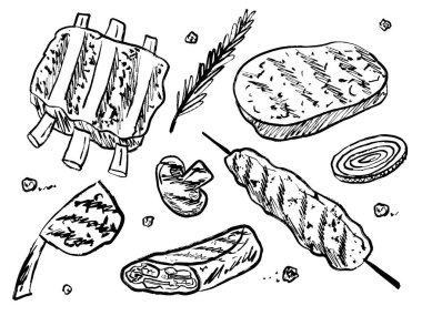 Izgara et beyaz arka planda izole edilmiş. Klasik kömür mürekkebi tarzında elle çizilmiş vektör çizimi. Biberiye, biber, kaburga, biftek, shawarma, kebap, mantar.