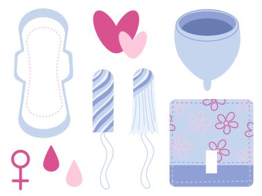 Dönem pamuğu için kadın hijyenik ürünler, silikon adet bardağı, tampon, pembe ve mavi renkli ped paketi, adet görmek için kadın hijyen ekipmanı. Kadın sağlığı