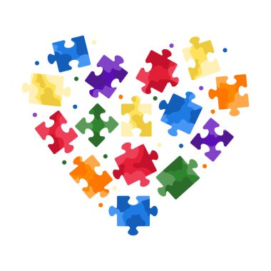 Sevimli yapboz kalp şeklinde mavi, sarı, yeşil ve kırmızı renklerde beyaz arka planda izole edilmiş kare şeklinde. Düz bir şekilde elle çizilmiş vektör çizimi. Otizm spektrum bozukluğu kavramı, çocuklar