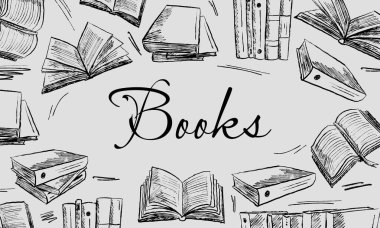 Kitapçı için kenar çerçeve logosu, fırça darbesi dokusunda gri arkaplan kütüphanesi. Klasik kömür mürekkebi tarzında elle çizilmiş vektör çizimi. Açık kitaplar, okul, öğrenim