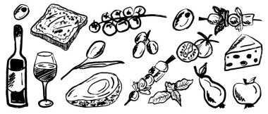 Beyaz arka planda izole edilmiş fırça darbeleriyle öğle yemeği için Fransız mutfağı atıştırmalıkları ile kırmızı şarap şişesi. Klasik kömür mürekkebiyle elle çizilmiş vektör çizimi. Menü tasarımı