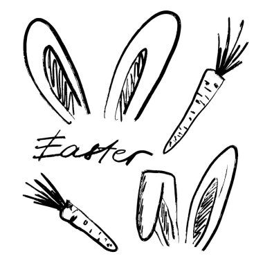 Beyaz arka planda izole edilmiş siyah fırça darbesi desenli tavşan kulakları ve havuç çizimi. Klasik kömür mürekkebiyle elle çizilmiş vektör çizimi. Paskalya tebrik kartı tasarımı