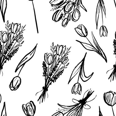 Bahar lale çiçekli kusursuz desen, fırça darbesi desenli buket. Klasik kömür mürekkebi tarzında elle çizilmiş vektör çizimi. Paketleme kağıdı tasarımı, moda baskısı, kıyafetler