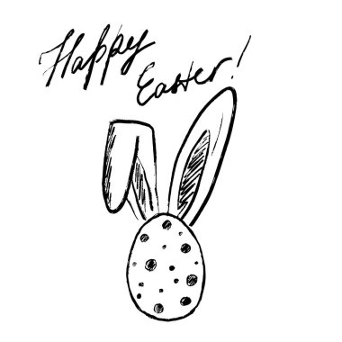 Noktalı Paskalya yumurtası, tavşan kulaklı, siyah fırça darbesi desenli, beyaz arka planda izole. Klasik kömür mürekkebiyle elle çizilmiş vektör çizimi. Tebrik kartı tasarımı