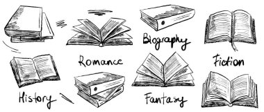 Kitap yığınları, okuma süreci, sayfalarla açılan kitaplar. Okula geri dön, kütüphane atmosferinde fırça darbesi dokusu. Klasik kömür mürekkebi tarzında el çizimi vektör çizimi çizimi