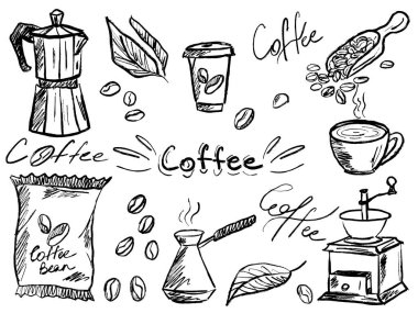 Kahve filtreleme ekipmanı siyah çizim siyah fırça dokusu beyaz arka planda izole. Klasik kömür mürekkebiyle elle çizilmiş vektör çizimi. Menü tasarımı, kafe