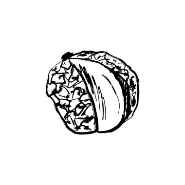 Siyah fırça darbesi desenli liçi meyvesi beyaz arka planda izole edilmiş. Klasik kömür mürekkebiyle elle çizilmiş vektör çizimi. Tropik meyve tasarımı, paket, Asya ağacı