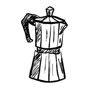 Gaz espresso kahve makinesi, siyah fırça darbesi desenli moka demliği beyaz arka planda izole edilmiş. Klasik kömür mürekkebiyle elle çizilmiş vektör çizimi. Kafe tasarımı, menü, kahvaltı