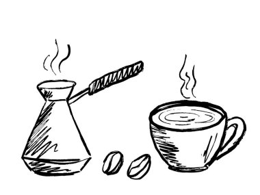 Buharlı sıcak kahve demliği. Taze kahve yapma süreci kavramı. Siyah fırça darbeleriyle siyah çizim beyaza izole edilmiş. Klasik kömür mürekkebiyle el çizimi vektör çizimi çizimi