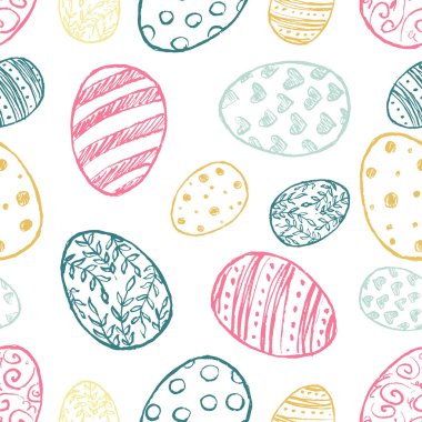 Paskalya yumurtalarının kusursuz desenli çerçevesi pastel fırça darbeleriyle beyaz arka planda izole edilmiş. Klasik kömür mürekkebiyle elle çizilmiş vektör çizimi. Paskalya süsü, bayram sembolü
