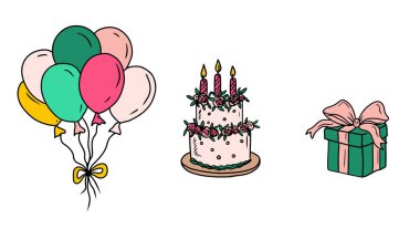 Uçan balonlar, büyük doğum günü pastası ve beyaz arka planda izole edilmiş hediye kutusu. Klasik düz stil elle çizilmiş vektör mürekkep çizimi. Mutlu yıllar tebrik kartı, dekoratif afiş, çıkartmalar.