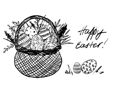Beyaz arka planda izole edilmiş siyah fırça darbesi desenli sepetli Paskalya yumurtaları. Klasik kömür mürekkebiyle elle çizilmiş vektör çizimi. Tebrik kartı tasarımı, bayram sembolü